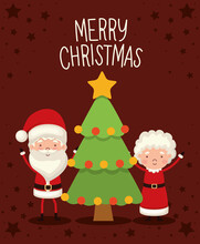 Mr And Mrs Santa Claus With One Christmas Tree On Red Background