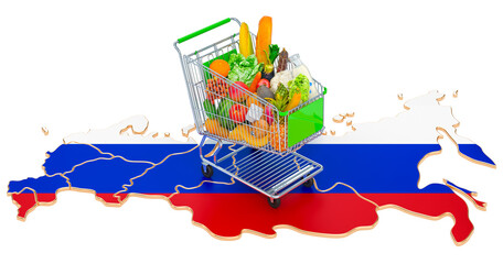 Poster - Purchasing power in Russia concept. Shopping cart with Russian Federation map, 3D rendering