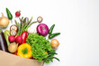 Different fresh vegetables on white background, top view