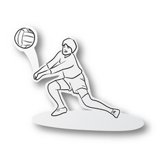 Vector illustration black line hand drawn of volleyball player on cut paper with shadow isolated on white background. Paper art.