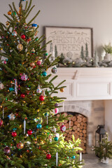 live christmas tree with vintage ornaments