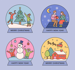 Poster - Various Christmas scenes in the snow globe. flat design style minimal vector illustration.