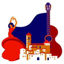Woman In Red Dress Dancing Flamenco With Night Spanish Town And Guitar.