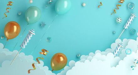 Wall Mural - Happy new year 2021 background concept with firework rocket, balloon, ribbon, cloud, 3D rendering illustration	