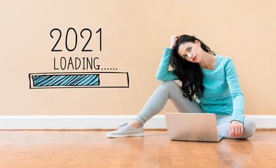 Poster - Loading new year 2021 with young woman using a laptop computer