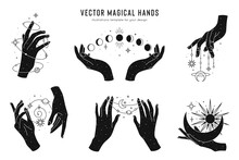 Vector Magical Hands Set Of Logo Template. Linear Style, Minimal Design. Planets, Moon Phases, Sun And Stars. Esoteric And Mystical Design Elements.