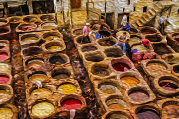 Colorful tanks in the Chouara leather tannery at the old medina of Fez. With its old tanneries and large medina, this bustling Moroccan city has been called the Mecca of the West. Oil paint filter.