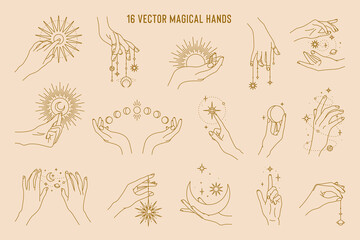 Wall Mural - 16 vector magical hands set of logo template. Linear style, minimal design. Planets, moon phases, sun and stars. Esoteric and mystical design elements.