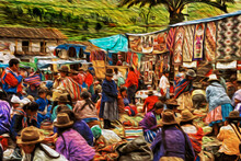 Folkloric Market With Indigenous People Selling Colorful Souvenirs And Typical Products In Pisac. A Cute Countryside Village At The Urubamba Valley In The Peruvian Andes. Oil Paint Filter.