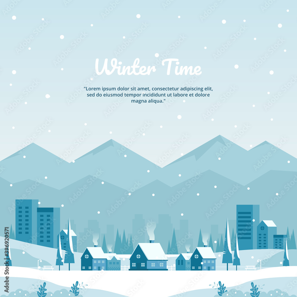 Vector illustration of winter landscape with city in mountains and flat ...