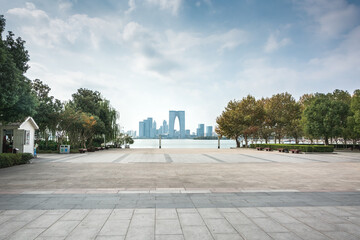 Wall Mural - cityscape of suzhou from empty brick floor