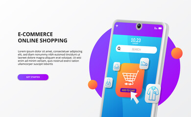 Wall Mural - Online shopping click buy on mobile e commerce landing page concept digital marketing 3d phone illustration