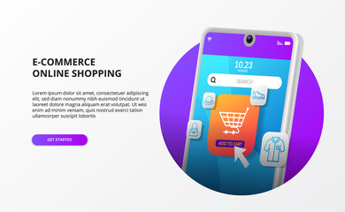 Wall Mural - Online shopping click buy on mobile e commerce landing page concept digital marketing 3d phone modern illustration
