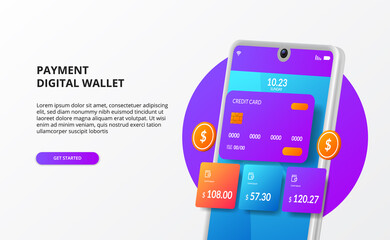 Wall Mural - 3d phone digital e commerce wallet transaction electronic illustration concept with credit card and golden coin