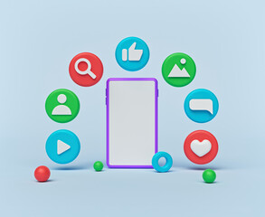 Poster - smartphone with colorful technology icons. minimal design. 3d rendering