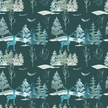 Scandinavian Winter Mysterious Forest Seamless Pattern On Green Background Watercolor Illustration Of Woodland Animals, Pine Trees, Hills, Birds