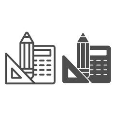 Poster - Ruler, pencil and calculator line and solid icon, school concept, mathematics tools sign on white background, instrument for drawing, calculations icon in outline style. Vector graphics.