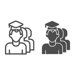 Poster - Student and pupils line and solid icon, school concept, graduate and students sign on white background, man wearing university cap icon in outline style for mobile concept. Vector graphics.