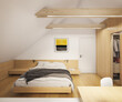 Interior of a modern bedroom with dressing.room showcase