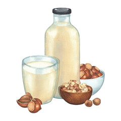 Wall Mural - Watercolor glass and bottle of the plant based milk surrounded by bowls of hazelnuts and nuts.