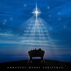 Poster - Christmas nativity scene of baby Jesus in the manger with scriptures in christmas tree shape