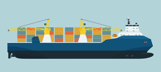 Wall Mural - Modern cargo ship container with cranes isolated. Vector flat style illustration.