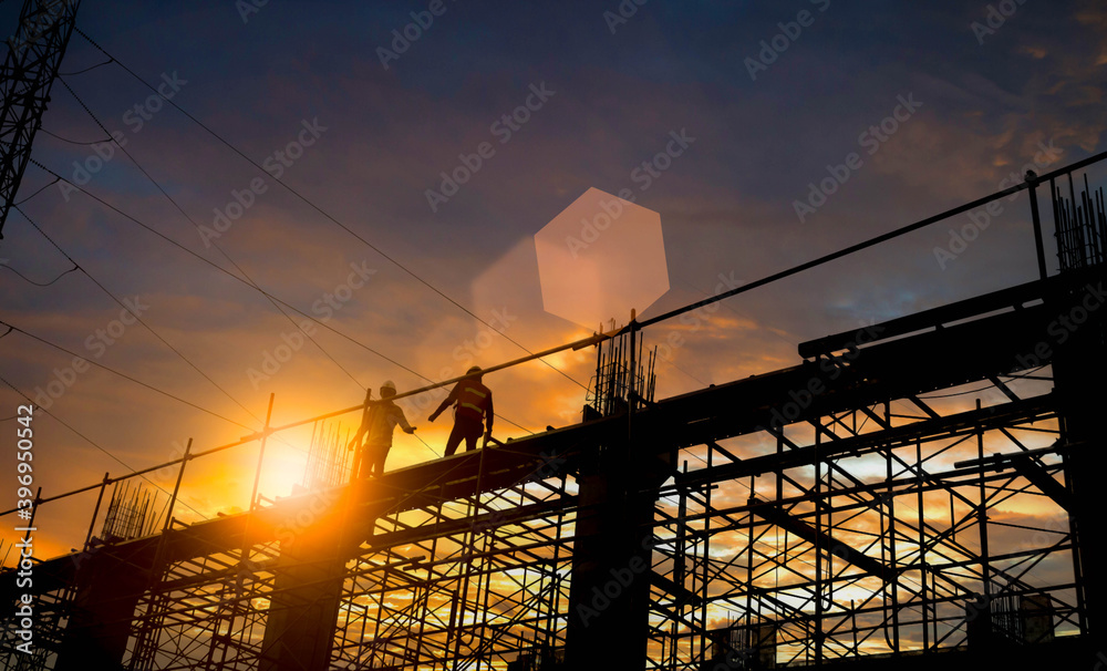 Silhouette Engineer and construction team working at site over blurred  industry background with Light fair Film Grain effect.Create from multiple reference images together - obrazy, fototapety, plakaty 