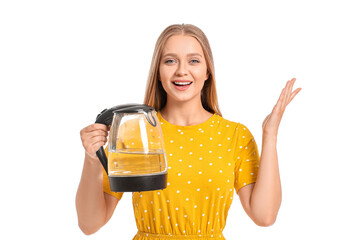 Poster - Happy woman holding electric kettle on white background