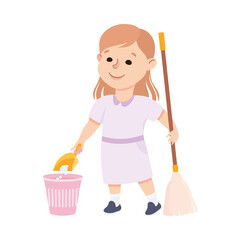 Sticker - Cute Girl Sweeping The Floor with Broom and Scoop, Kid Helping her Parents with Housework or Doing Household Chores Cartoon Style Vector Illustration