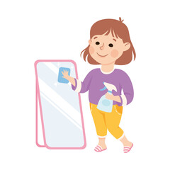 Poster - Cute Girl Cleaning Mirror Using Cleaner Sprayer, Kid Helping her Parents with Housework or Doing Household Chores Cartoon Style Vector Illustration