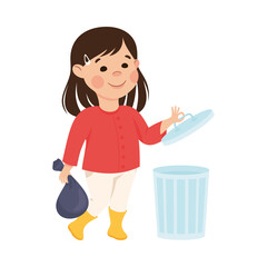 Poster - Cute Girl Throwing Garbage into Trash Can, Kid Helping her Parents with Housework or Doing Household Chores Cartoon Style Vector Illustration