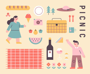 Wall Mural - Picnic couple and picnic icons. flat design style minimal vector illustration.
