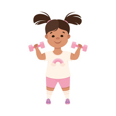 Wall Mural - Cute Girl Exercising with Dumbbells, Kid Doing Sports, Active Healthy Lifestyle Concept Cartoon Style Vector Illustration