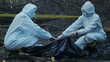 © Acronym - Detectives are collecting evidence in a crime scene. Forensic specialists are making expertise. Police investigation in a forest.