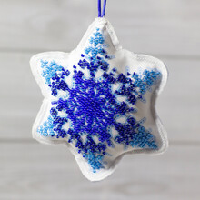 Textile Christmas Decoration Snowflake With Blue Beaded Embroidery, Handmade Close Up