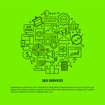 SEO services round concept banner with place for text