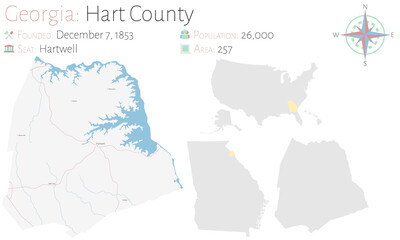  Large and detailed map of Hart county in Georgia, USA.
