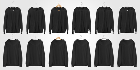 Mockup of a black sweatshirt with a hood with a zipper, with ties and pockets, hanging on a hanger, isolated on background.