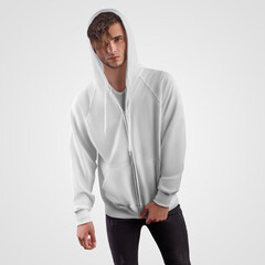 Wall Mural - Blank white hoodie template with ties, pocket, with zipper, dressed on a guy in a hood, for presentation of design, pattern, print.