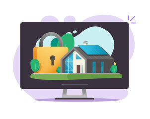 Aufkleber - Residential home and house secure protection insurance online digital on computer screen concept vector, protected with lock safety alarm system flat illustration modern design