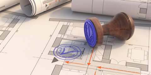 Wall Mural - Plan approval. Blue stamp APPROVED on blueprint. 3d illustration
