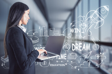 Poster - Businesswoman working with laptop on start up sketch background, success and leadership concept