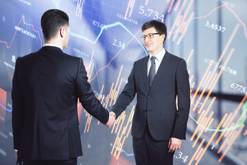 Poster - Two businessmen shaking hands on the background of financial chart in office, deal and partnership concept