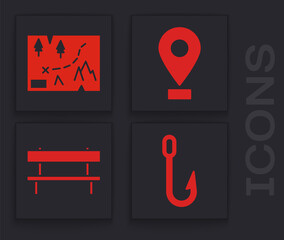 Sticker - Set Fishing hook, Folded map with location, Location and Bench icon. Vector.