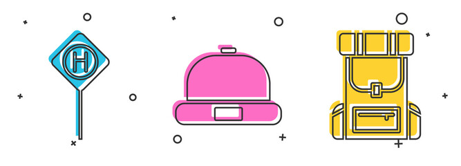 Sticker - Set Parking, Beanie hat and Hiking backpack icon. Vector.