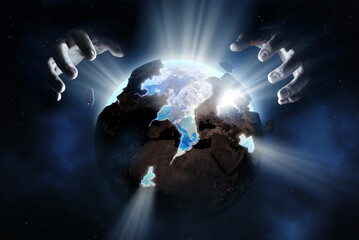 god rebuilding the old sickly earth into a new healthy world. god healing the earth theme concept.