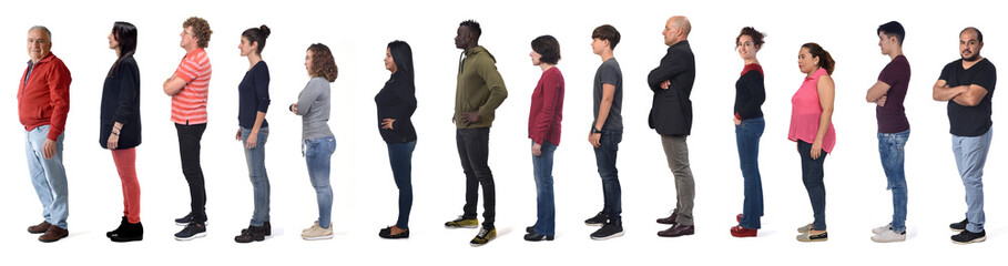 Wall Mural - profile of a large group of man and women wearing  jeans on white background