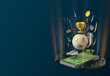 © Rachakrit - football sport online on the smartphone. football field screen phone. football tournament concept. sport online channel. sport application online. soccer channel. soccer competition. 3d illustrator.
