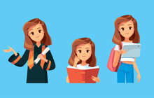 Vector Set. Portrait Of Girl Student, Graduated Student In Various Poses. Reading Books, With Tablet, In A Graduation Gown With Diploma. Cartoon Characters.