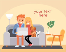 Vector Portrait Picture Of Young Family,couple With Puppy Sitting On The Couch Sofa,doing Online Shopping Order,having Conversation Talk Over Video Chat,watching Video Photo Content On Laptop